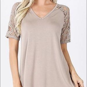 Zenana Premium Julia Top with Lace Sleeves - Ash Mocha - 2X
